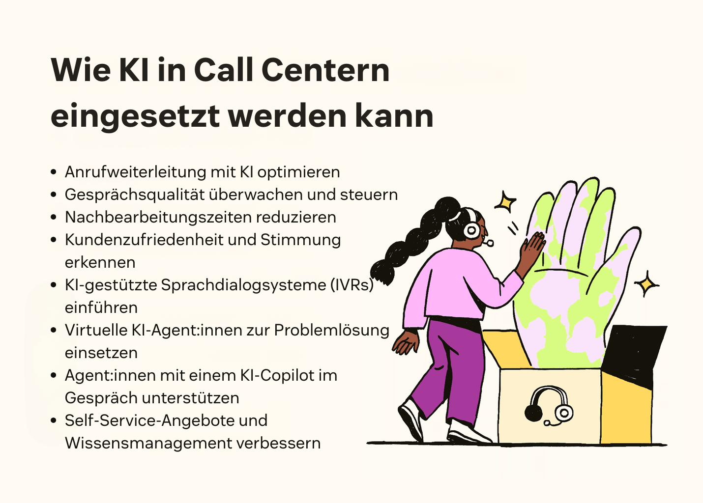 Eine Liste der Möglichkeiten, KI in Contact Centern einzusetzen, darunter KI-Agenten und intelligente Verteilung.