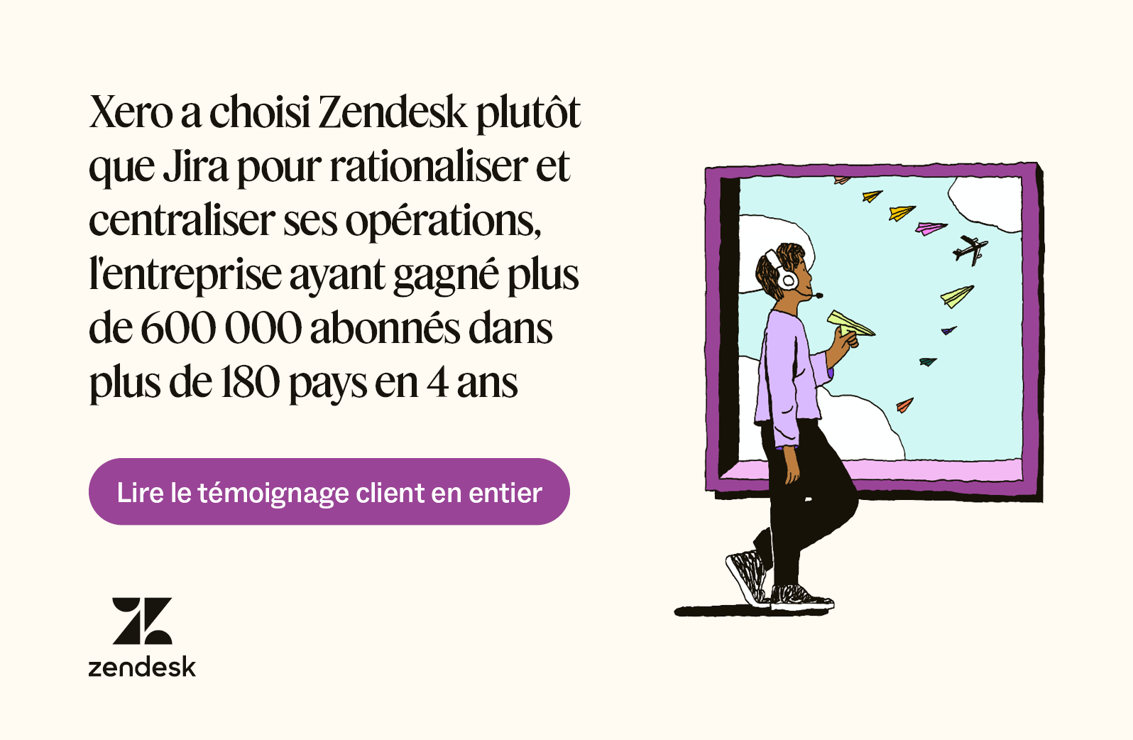 Illustration d’une personne regardant des avions par une fenêtre et montrant comment Xero évolue sans effort avec Zendesk.
