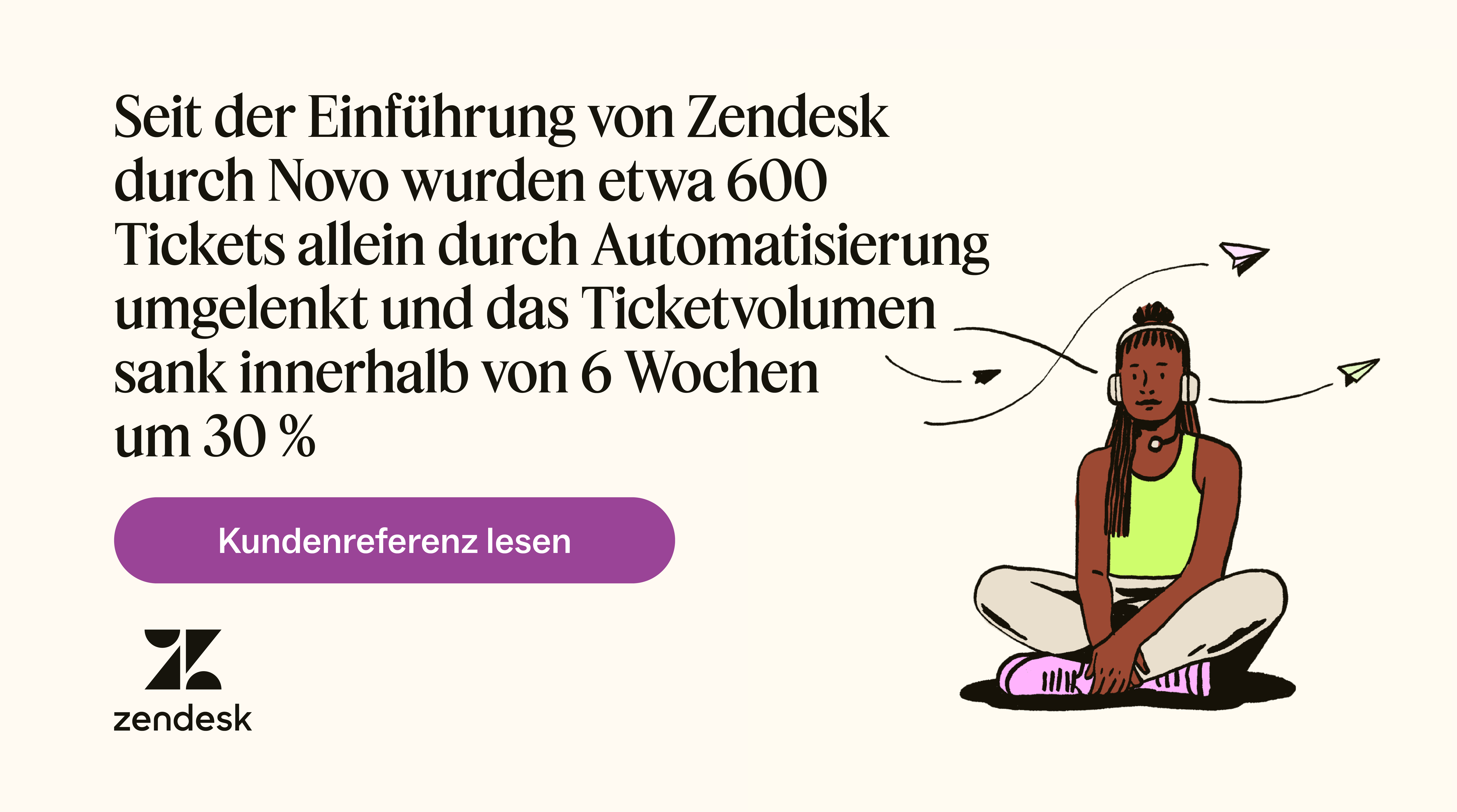Die Abbildung einer sitzenden Person mit Kopfhörern zeigt, wie Novo von der Verwendung von Zendesk-Ticketsystemen profitiert.