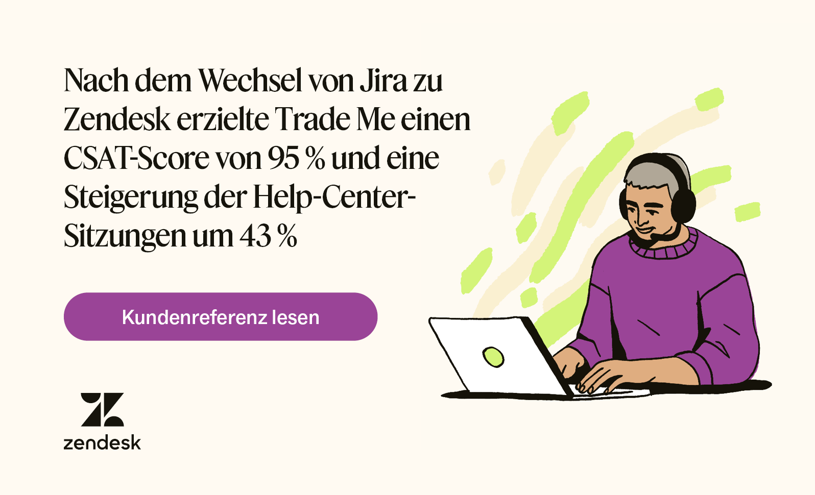 Eine Abbildung einer Person mit einem Headset und einem Laptop zeigt, wie Trade Me von der Nutzung von Zendesk für den Kundenservice profitiert.
