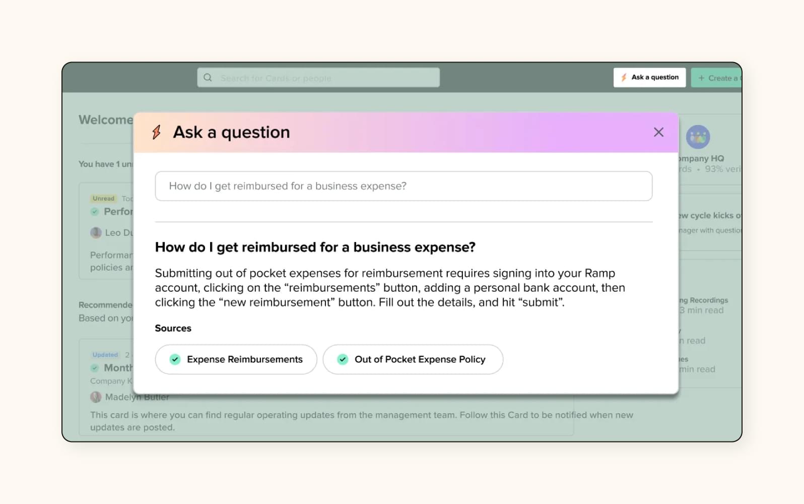 A screenshot depicts Guru’s ML-powered search tool for its AI knowledge base.