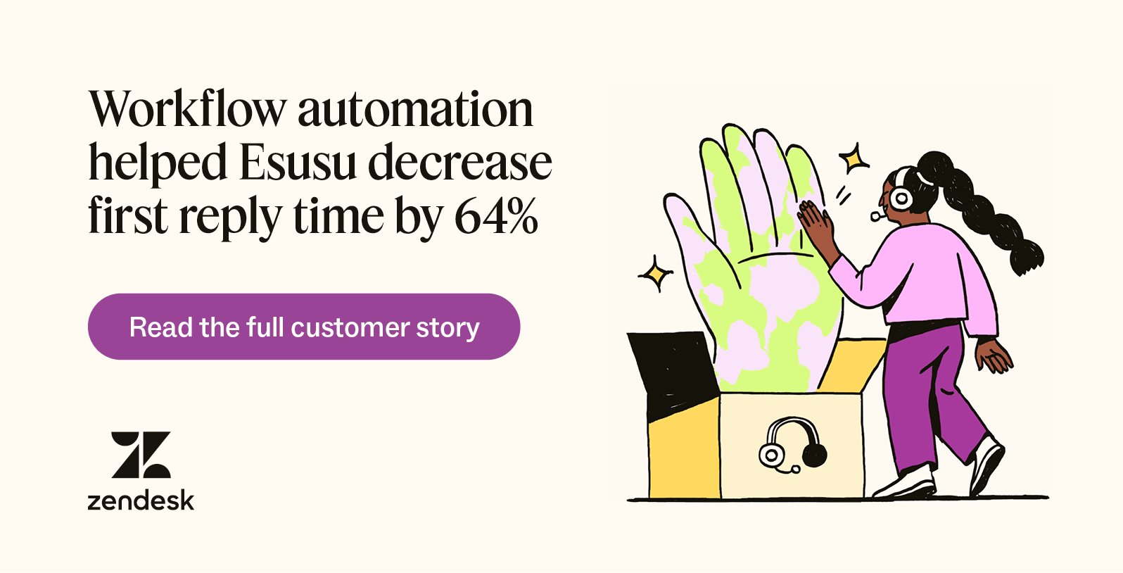 A person wearing a headset high-fives a giant hand coming out of a large cardboard box next to an Esusu automation stat.