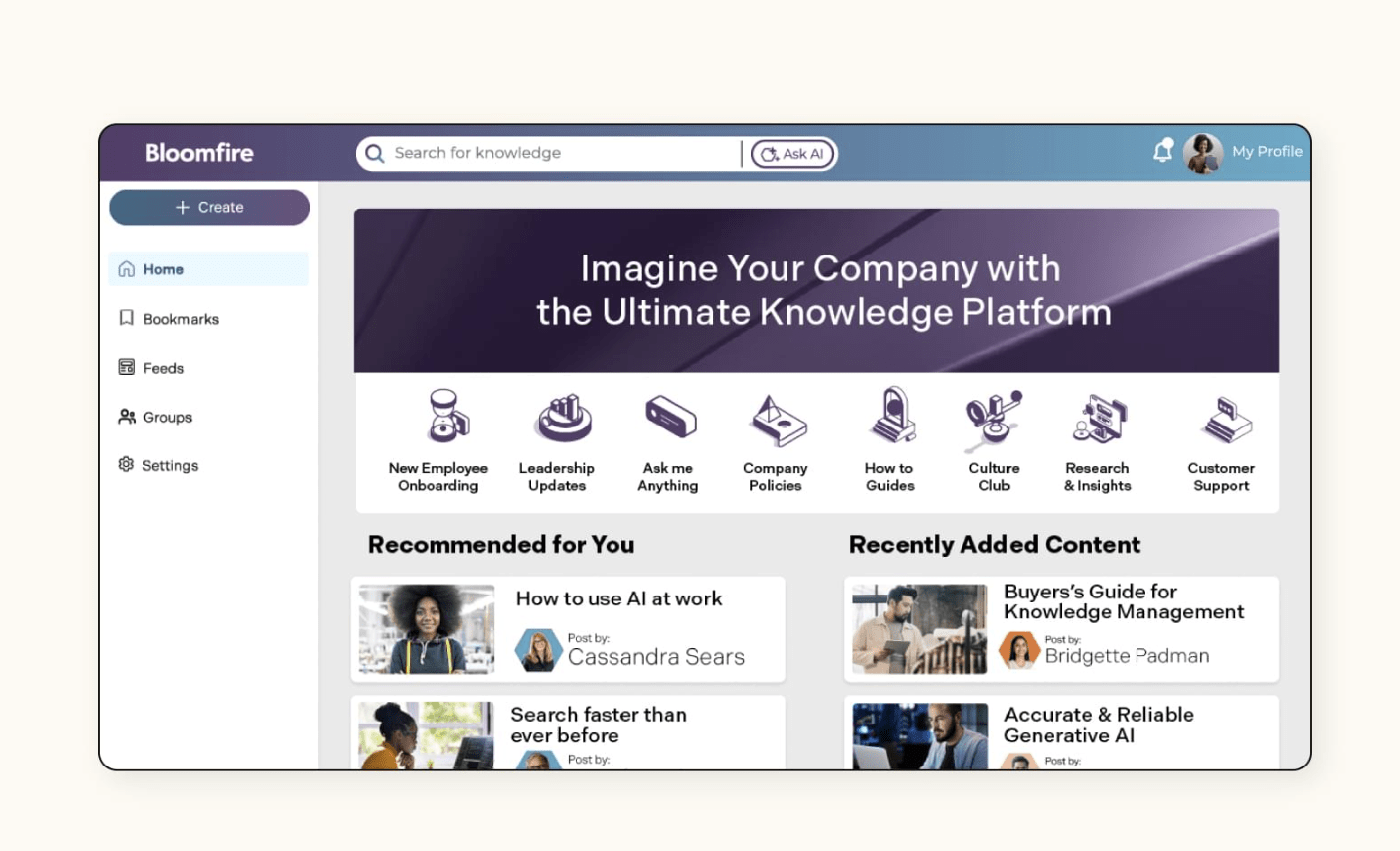 A dashboard on Bloomfire, a knowledge base software.