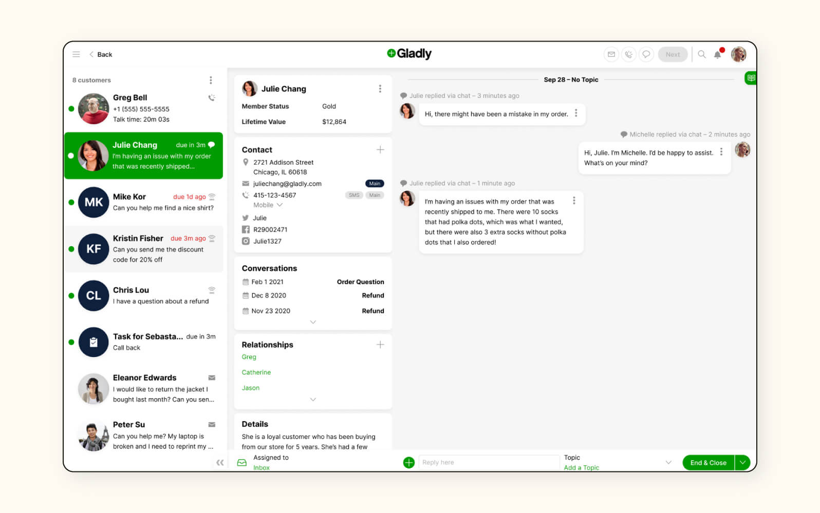 A ticket dashboard in Gladly, a customer self-service portal.