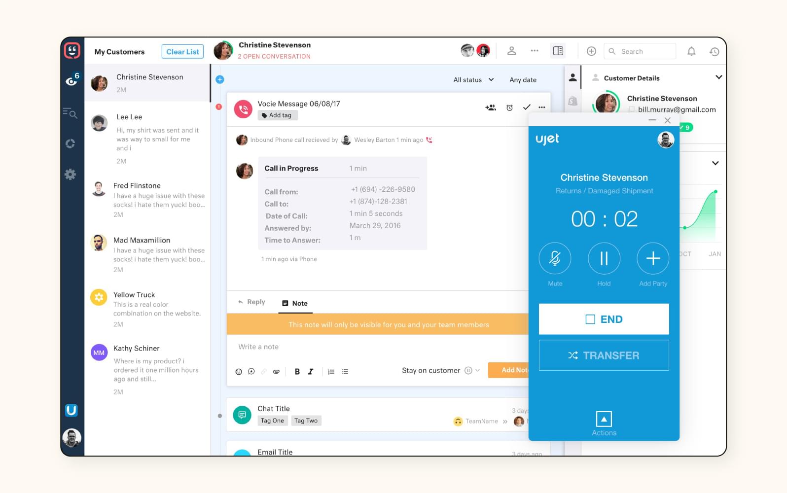A ticketing dashboard in Kustomer, a customer service software.