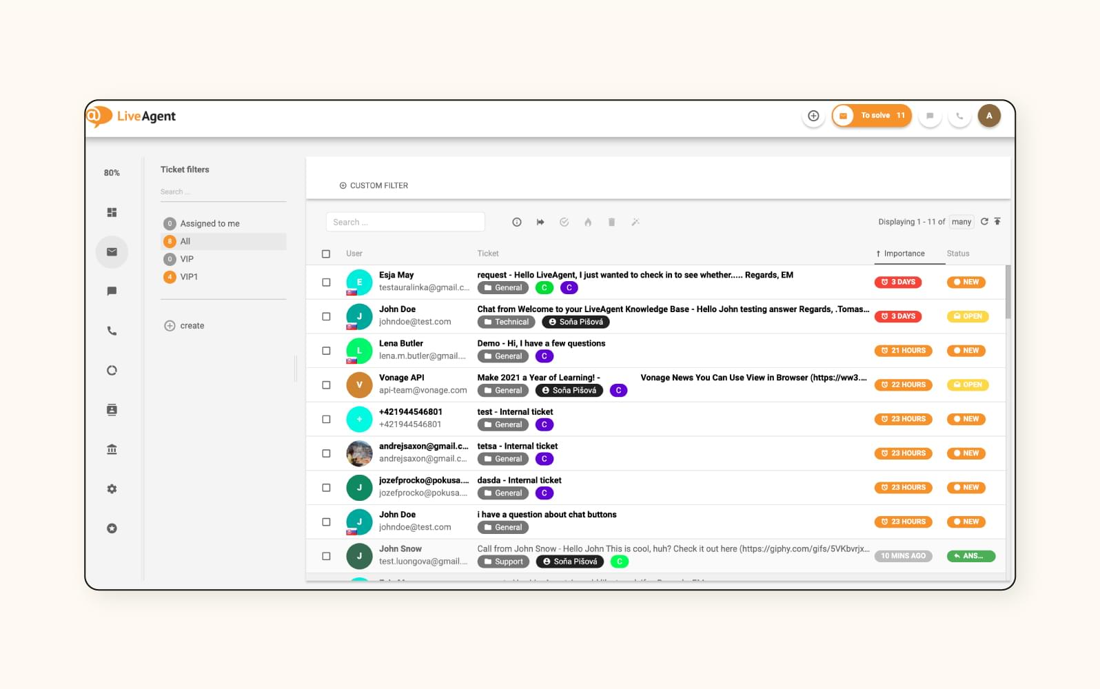 A ticket inbox in LiveAgent, a customer service software.