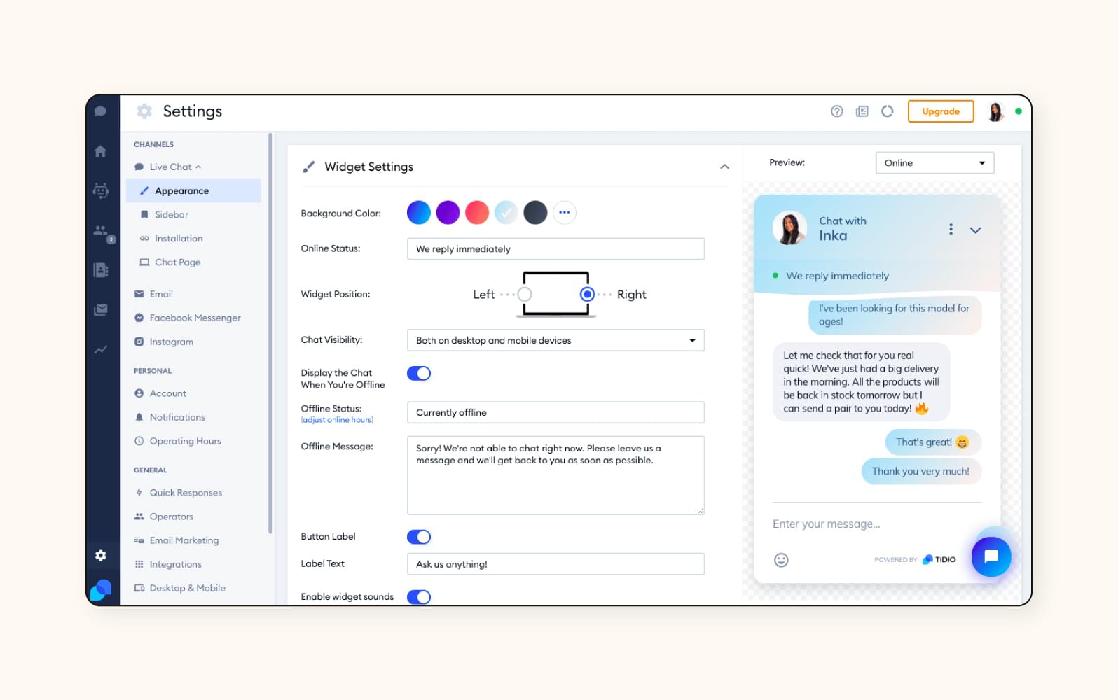 A customization tab in Tidio, a customer service software.