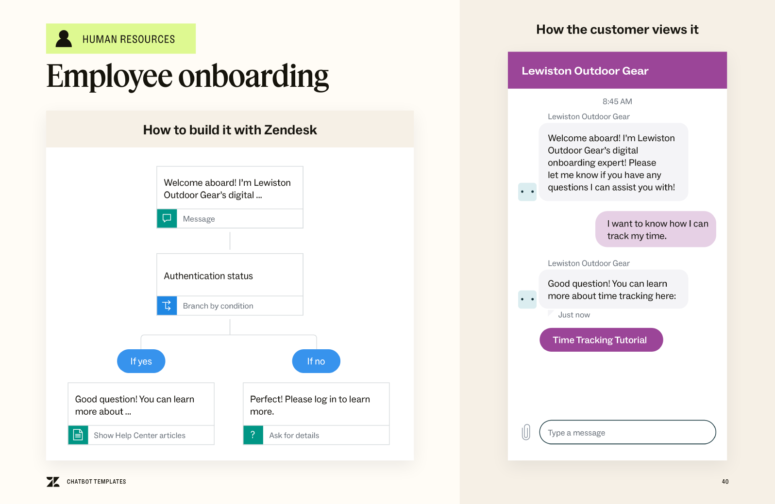 A preview of the chatbot template for onboarding a new employee.