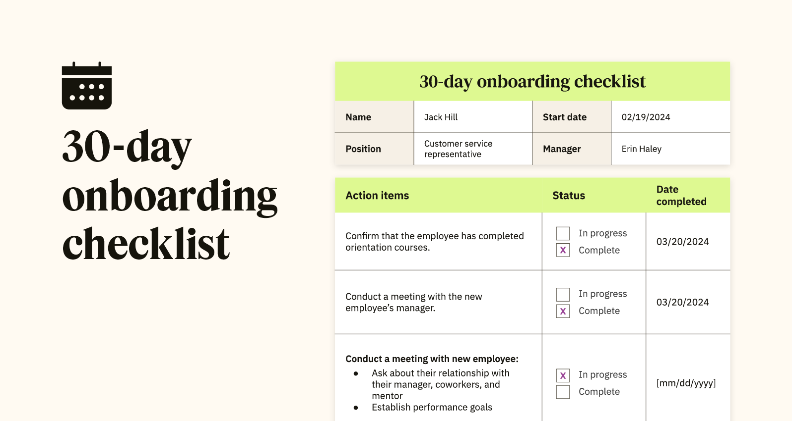 An example of a 30-day onboarding displays key fields to include, such as completing orientation courses and conducting a meeting with the new employee.