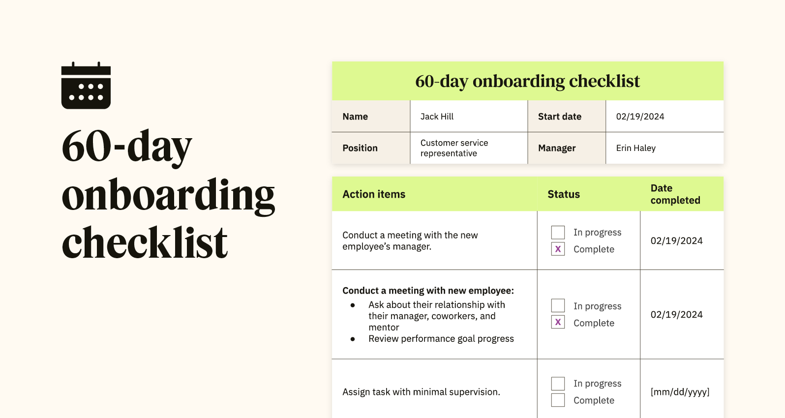 A 60-day onboarding checklist displays key fields to include, such as meeting with the new employee’s manager and assigning tasks with minimal supervision.