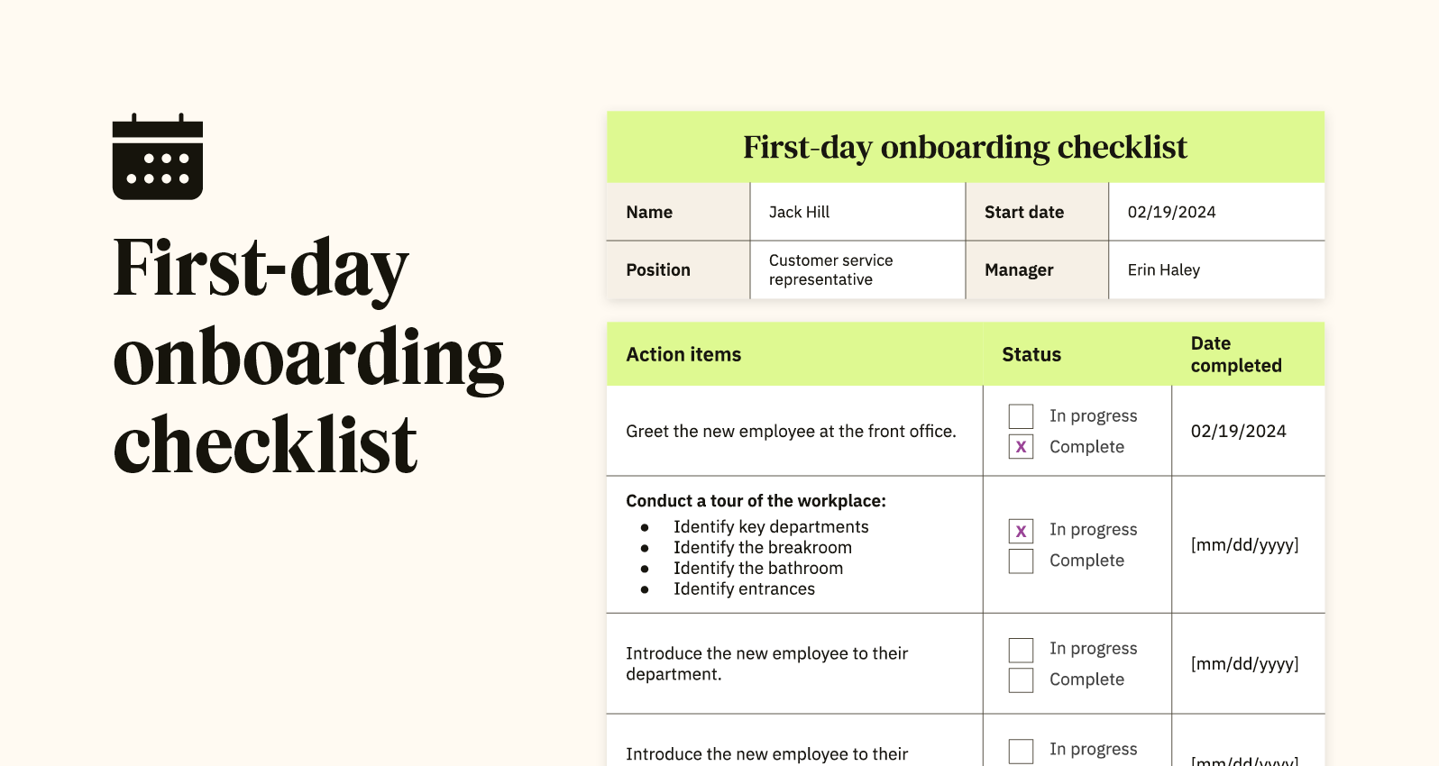 An example of a first-day onboarding checklist displays key fields to include, such as touring the workplace and introducing the new hire to their coworkers.