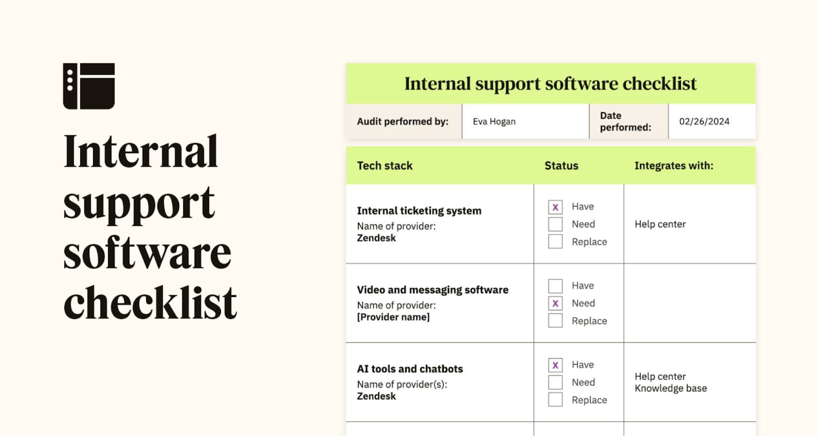 An example internal support software checklist displays key fields to include, such as internal ticketing system and messaging software.