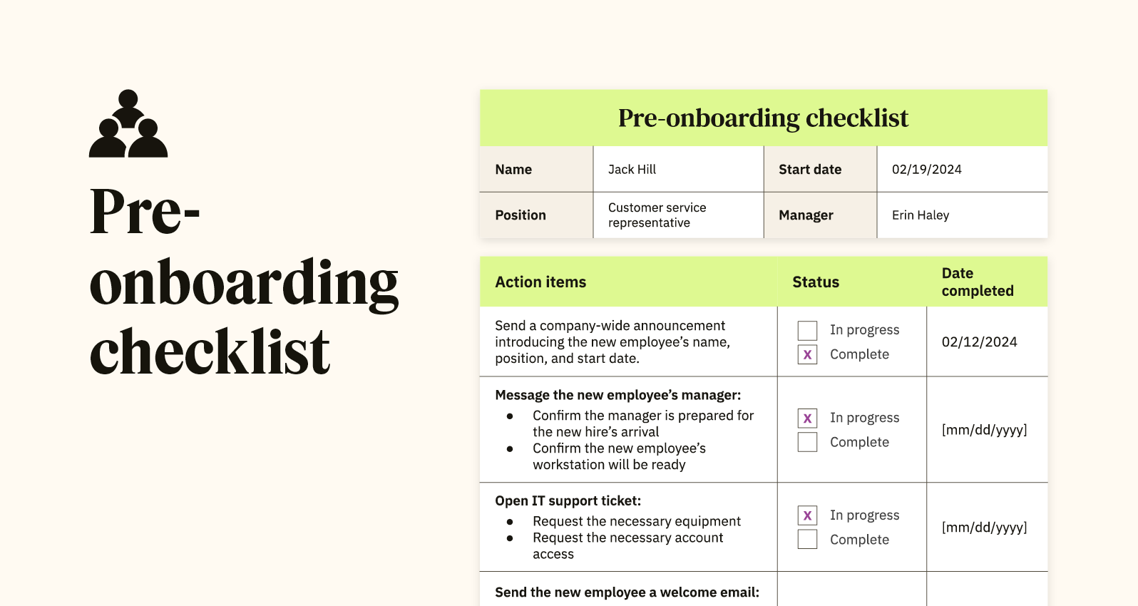 An example of a pre-onboarding checklist displays key fields to include, such as sending a company-wide announcement and opening IT support tickets.