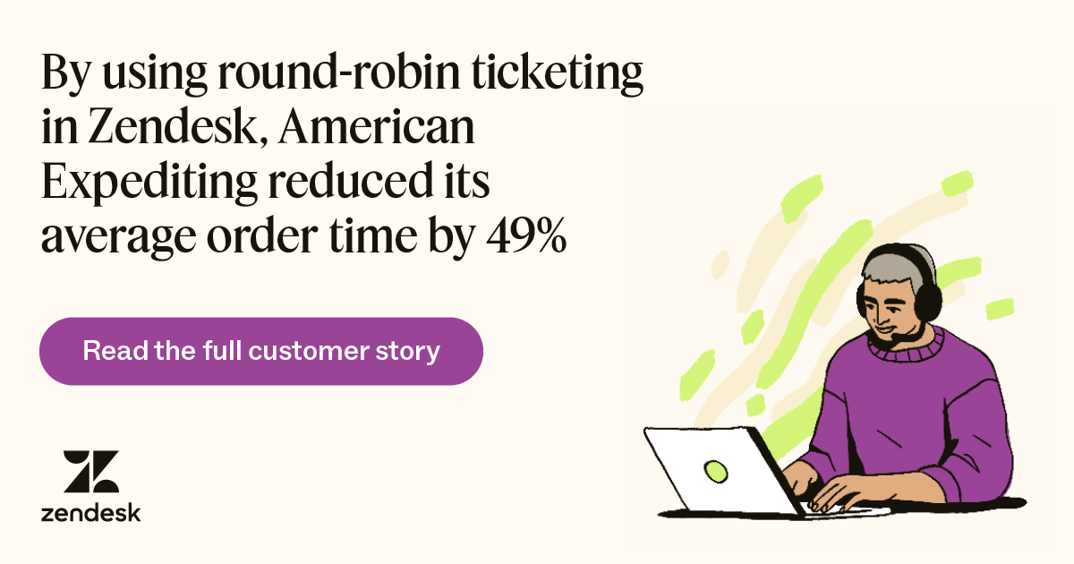A man wearing a headset works from his computer beside a data point that illustrates by using round-robin ticketing in Zendesk, American Expediting reduced its average order time by 49 percent.
