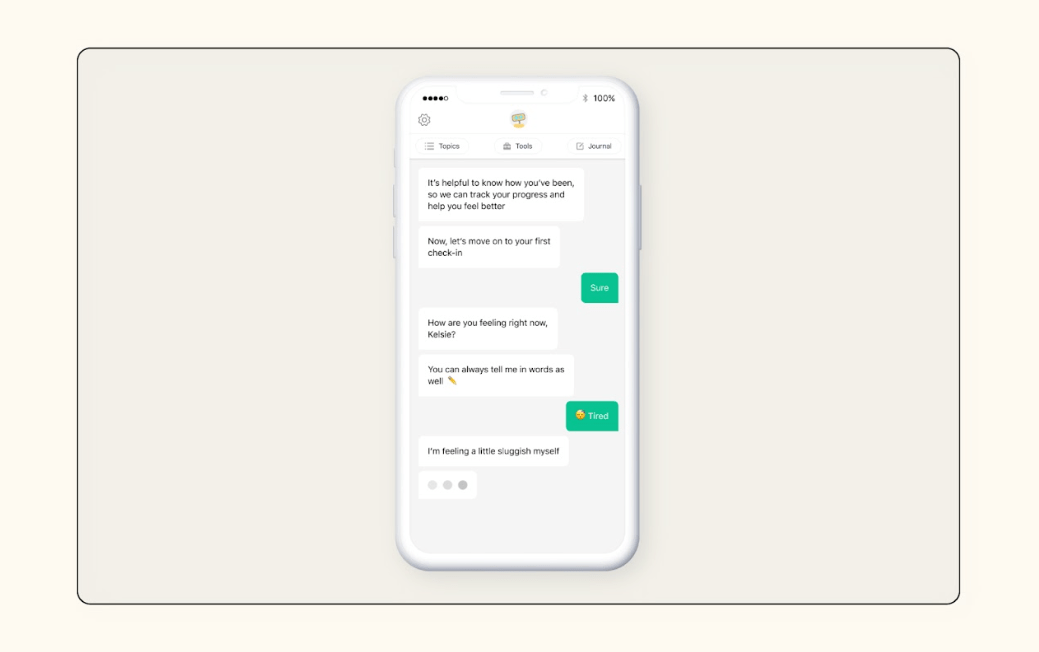Een afbeelding toont de AI-chatbot van Woebot Health die met een patiënt communiceert.