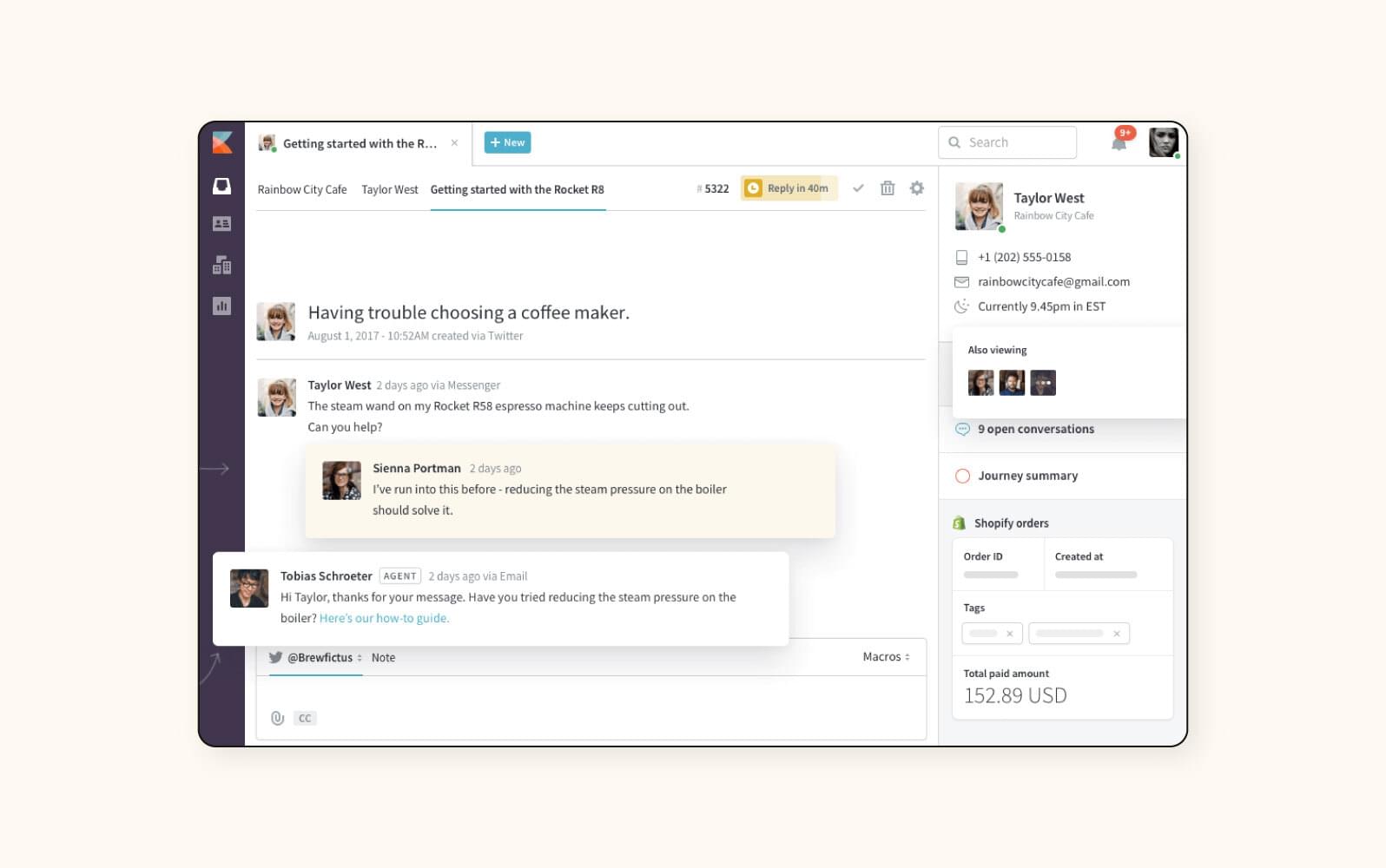 An image shows the Kayako help desk software.