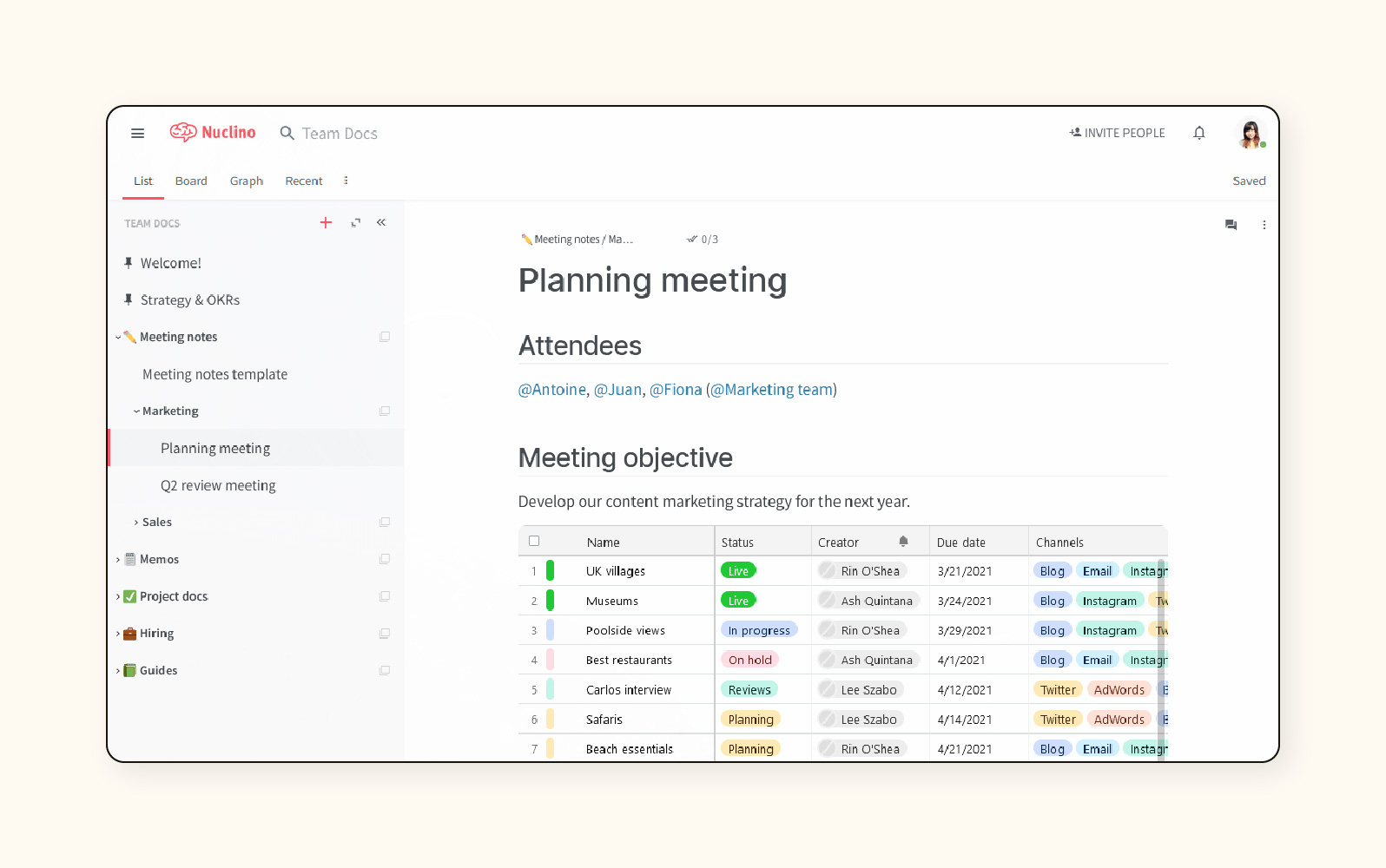A project board in Nuclino, a knowledge base software.