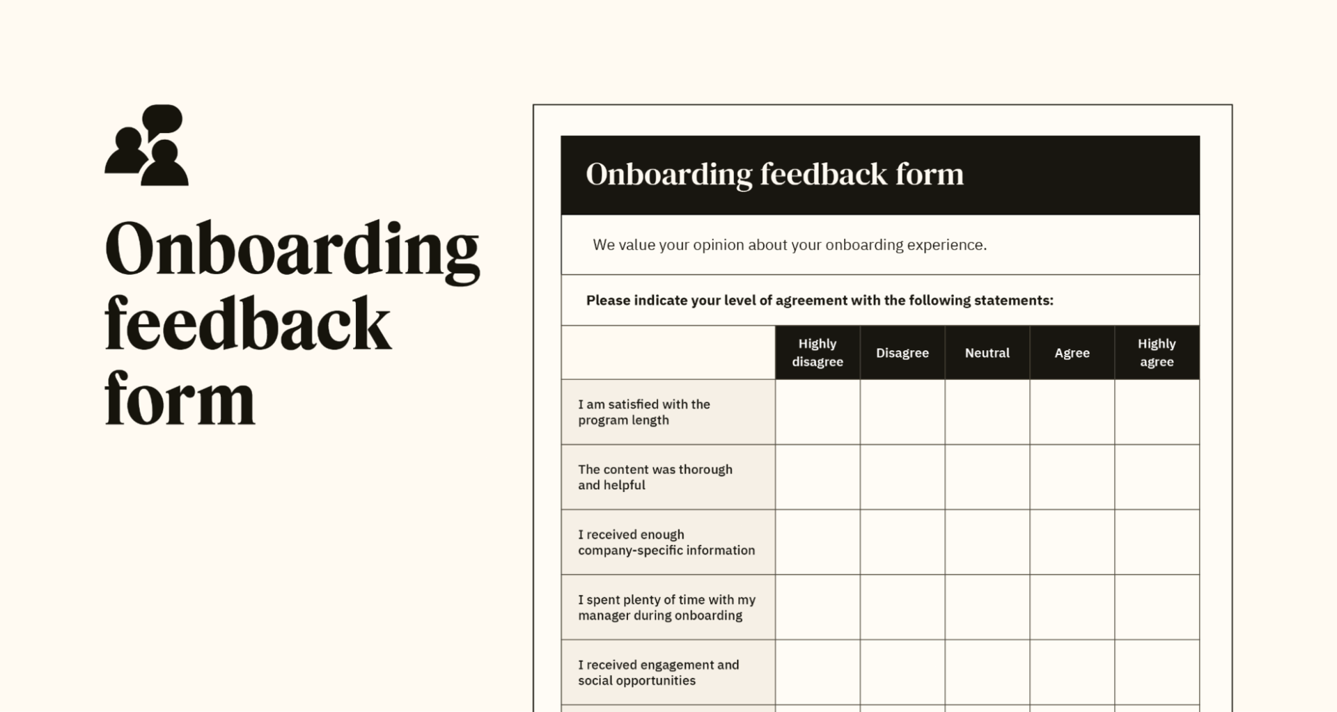 A preview of a customizable onboarding feedback form template.