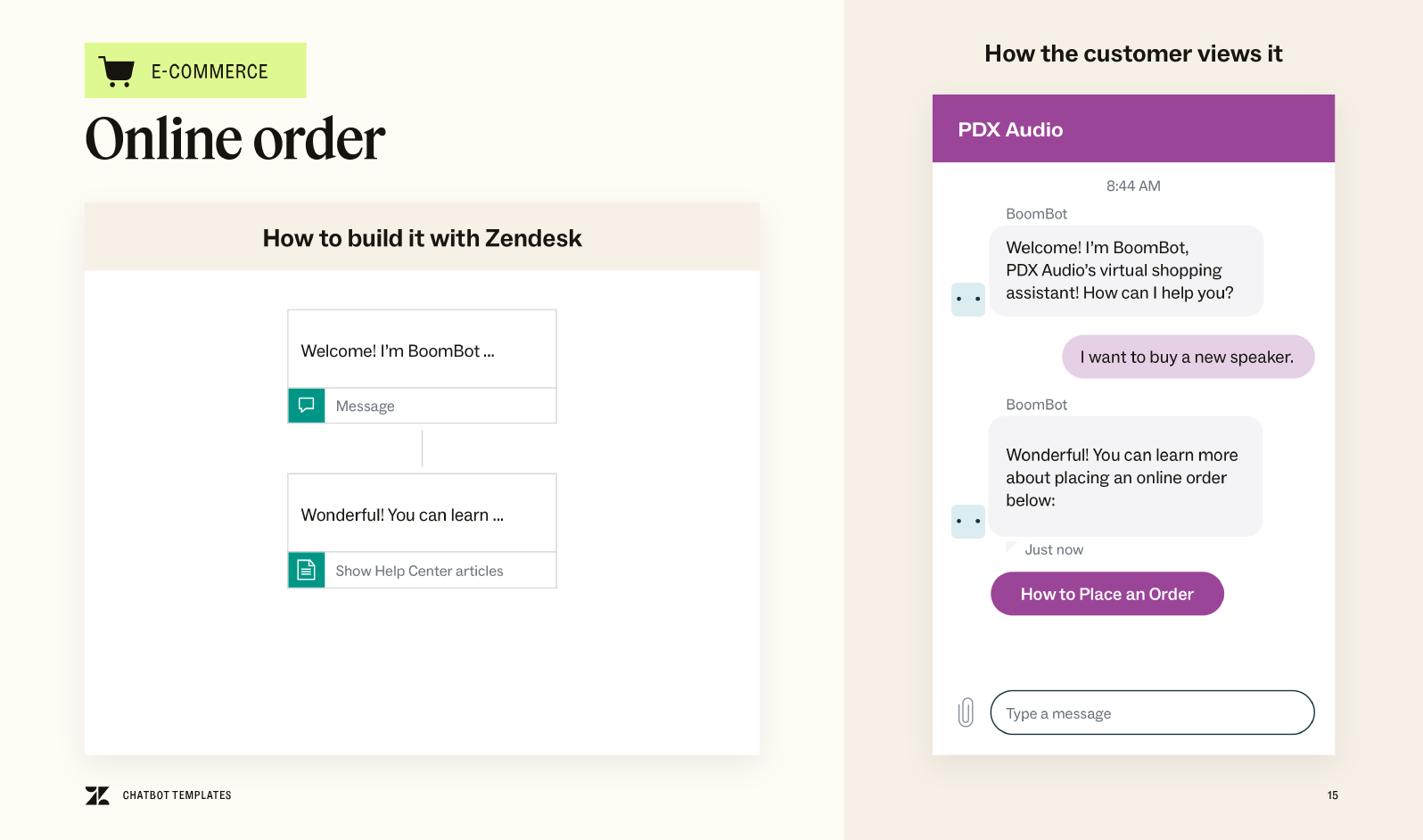 A preview of the chatbot template for receiving an online order.