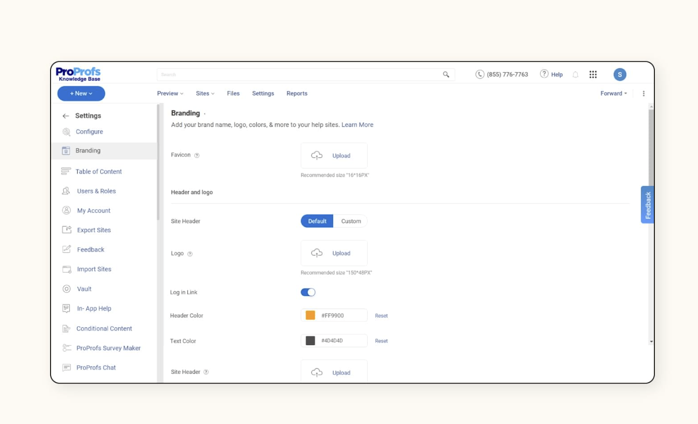 A branding dashboard in ProProfs, a knowledge base software.