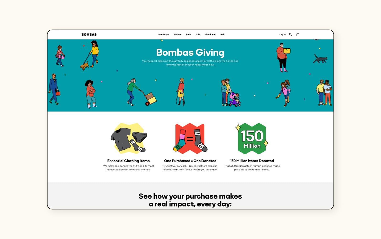 The Bombas giving page.