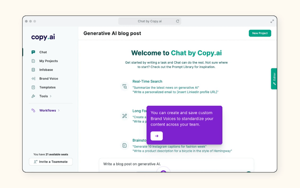 Een afbeelding toont het welkomstscherm van de chatbot van Copy.ai.