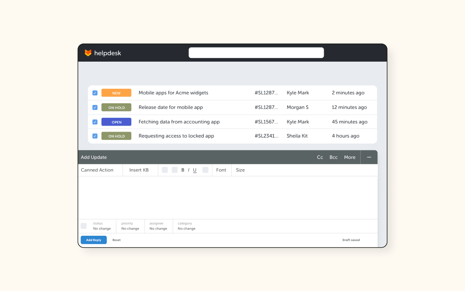 Una captura de pantalla muestra el software para service desk de HappyFox.