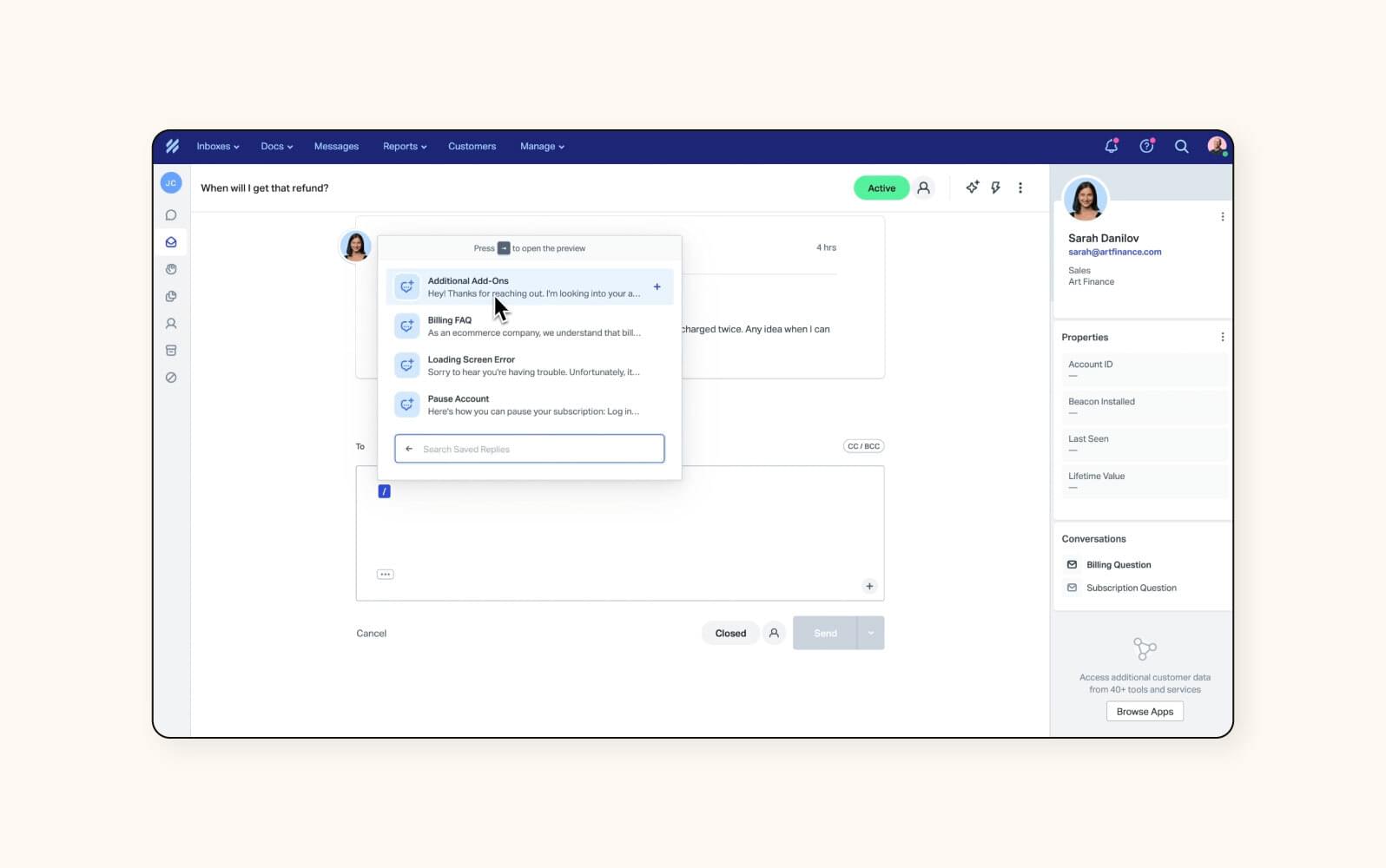 Une capture d’écran de la plateforme logicielle Help Scout.