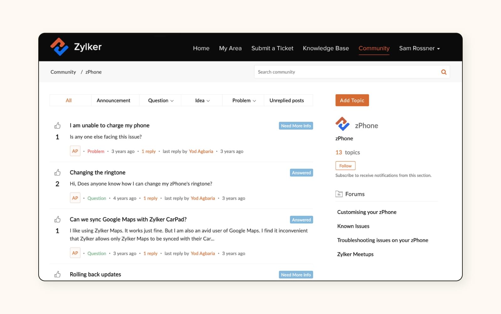 The Zoho Desk community forum in its customer self-service portal.
