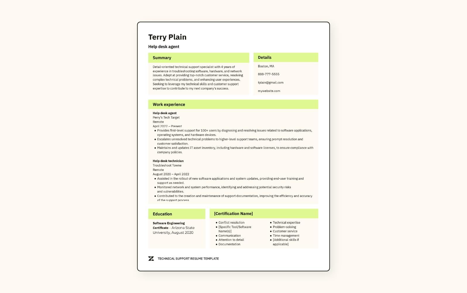 A technical support resume example.