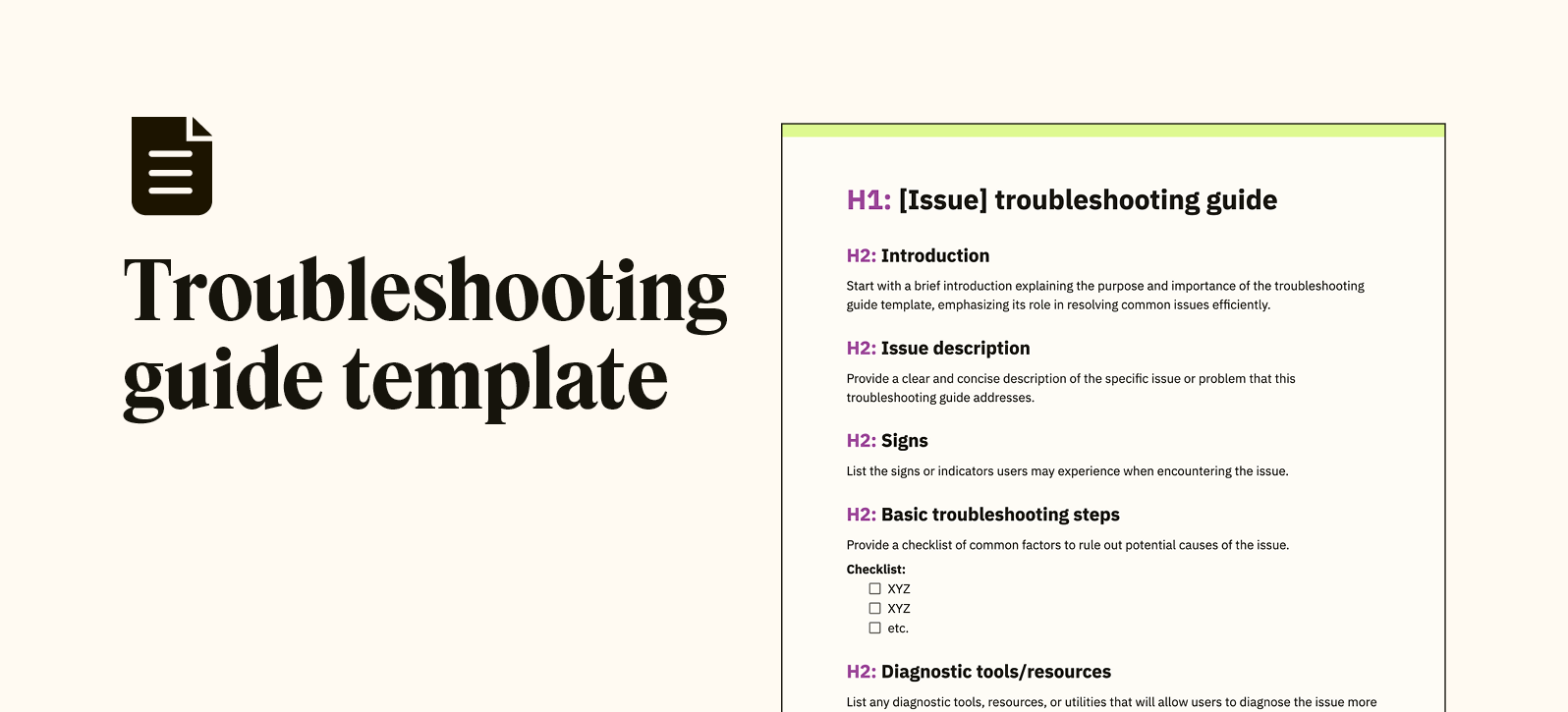 A snippet shows a knowledge base article template for a troubleshooting guide.