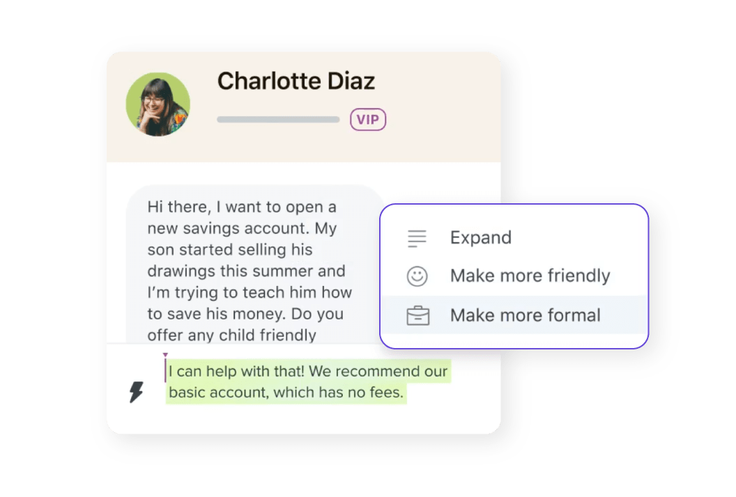 The Zendesk generative AI rewrites an agent’s response.