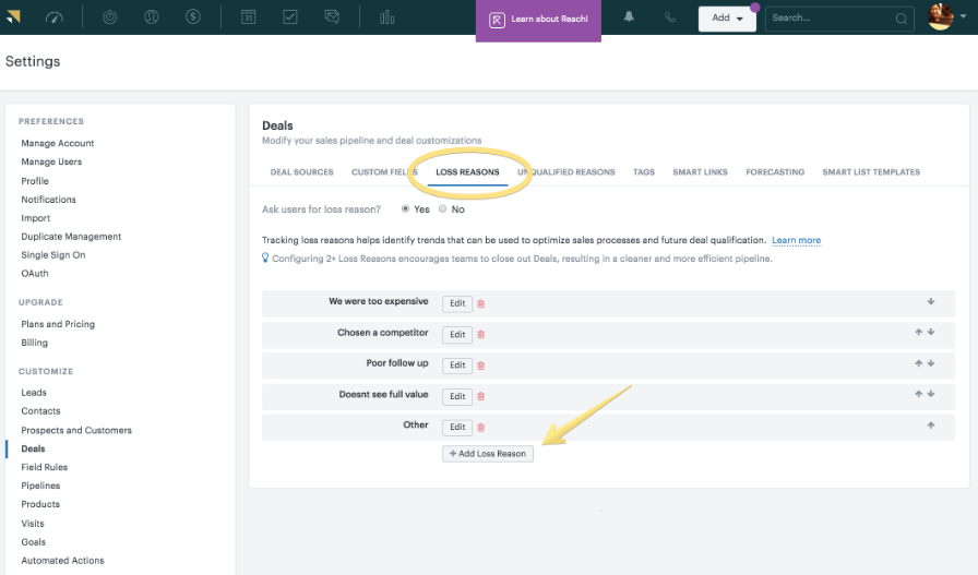 Record customer data on lost deals