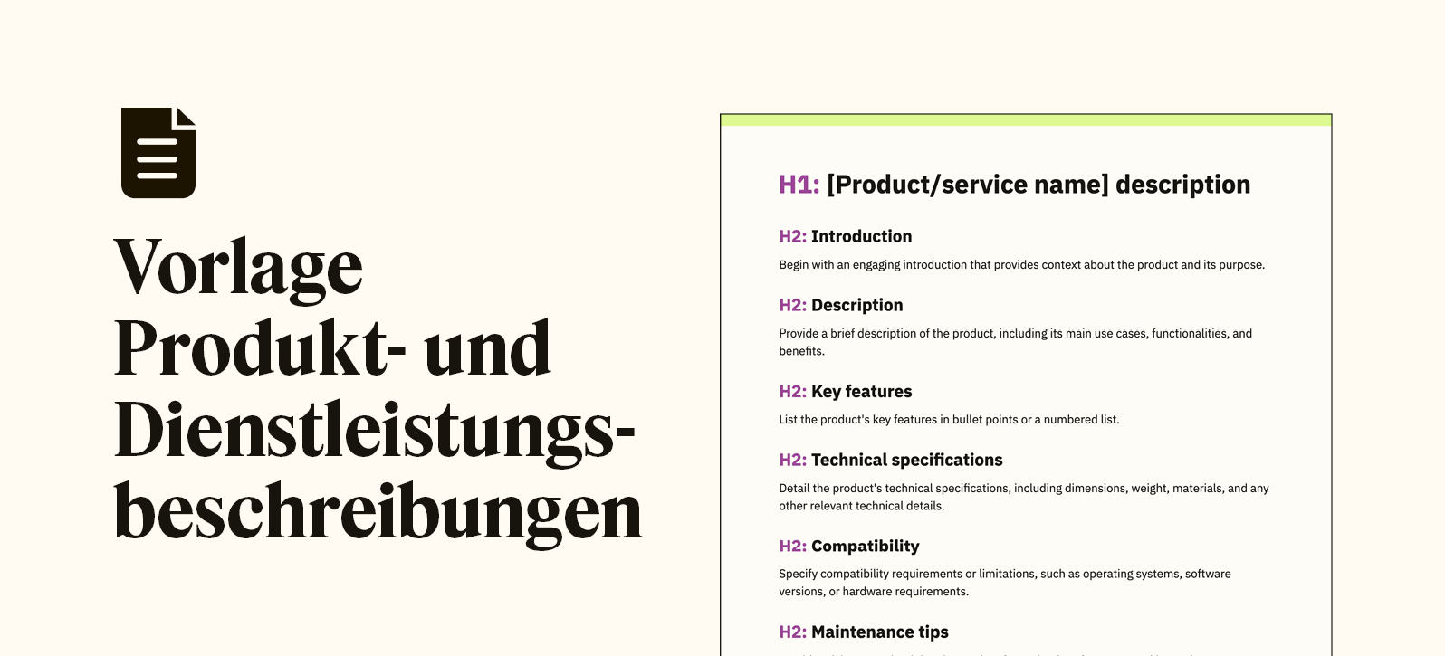 Ein Snippet zeigt eine Vorlage für eine Produktbeschreibung für die Wissensdatenbank.